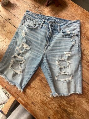 American Eagle Light Blue Denim Shorts with Pink Accent